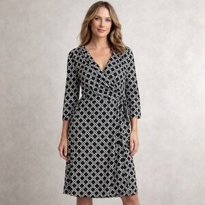 White House Black Market Dress Geo Print Faux Wrap Black White 10 570070503